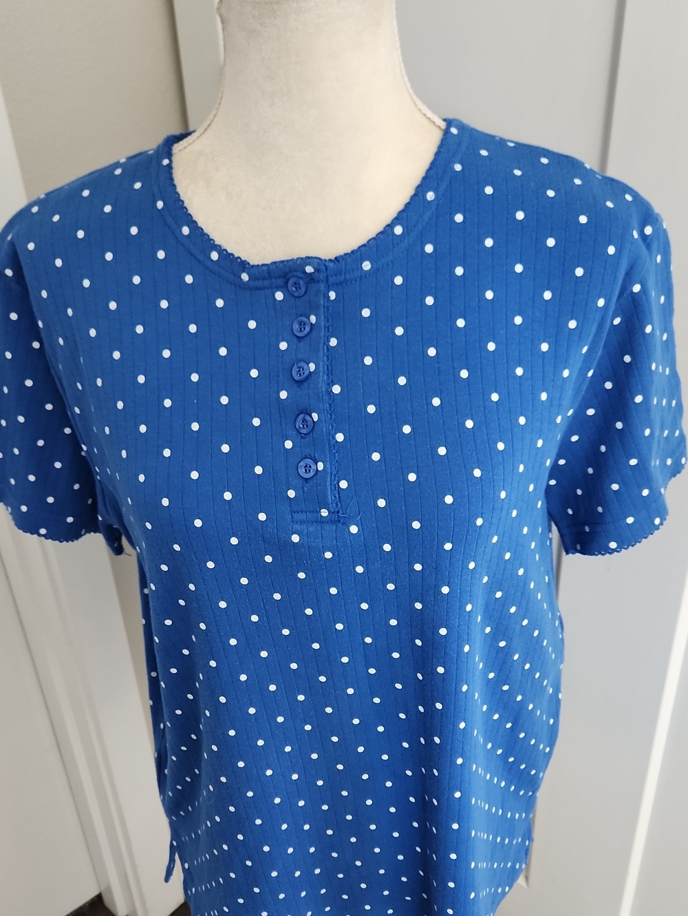 Rebecca Malone Blue Polka Dot Short Sleeve Henley Tee